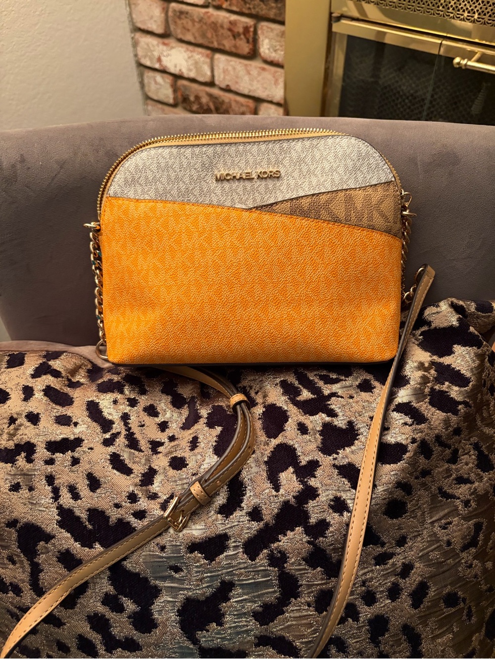 Michael Kors Orange, Beige and Brown Colorblock Crossbody Bag